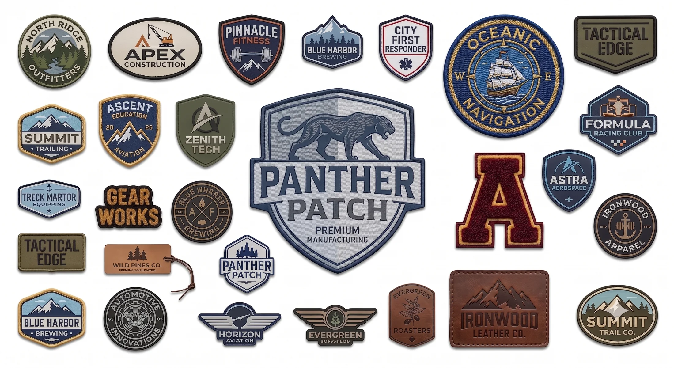 A showcase of custom patch styles from Panther Patch: embroidered, woven, and PVC patches for corporate, military, sports, biker, and fashion brands.