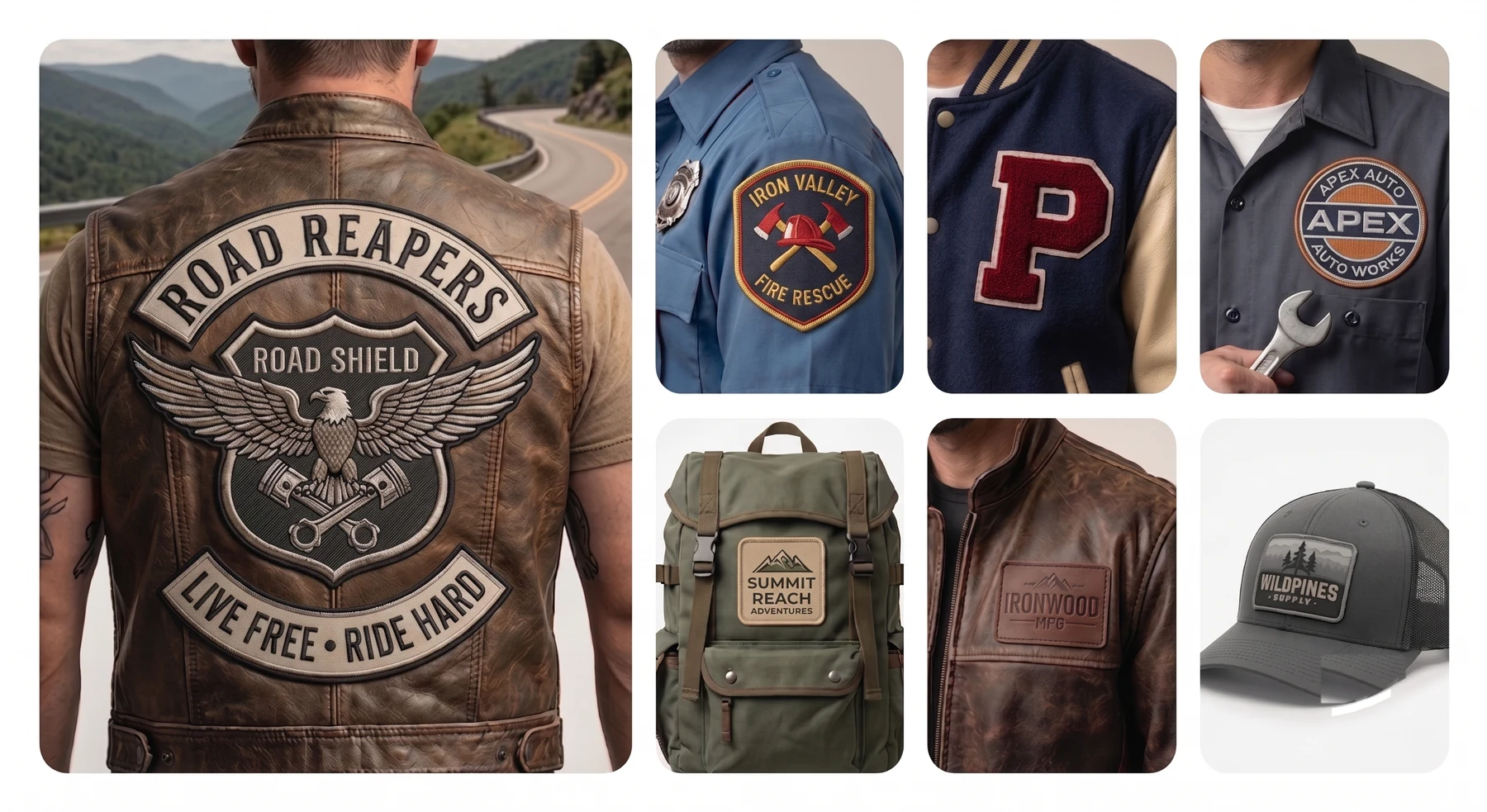 Custom patches on real gear: an embroidered motorcycle-club back patch on a leather vest, plus fire-rescue, varsity, corporate, and outdoor patches on a uniform, a letterman jacket, a work shirt, a backpack, a leather jacket, and a cap.